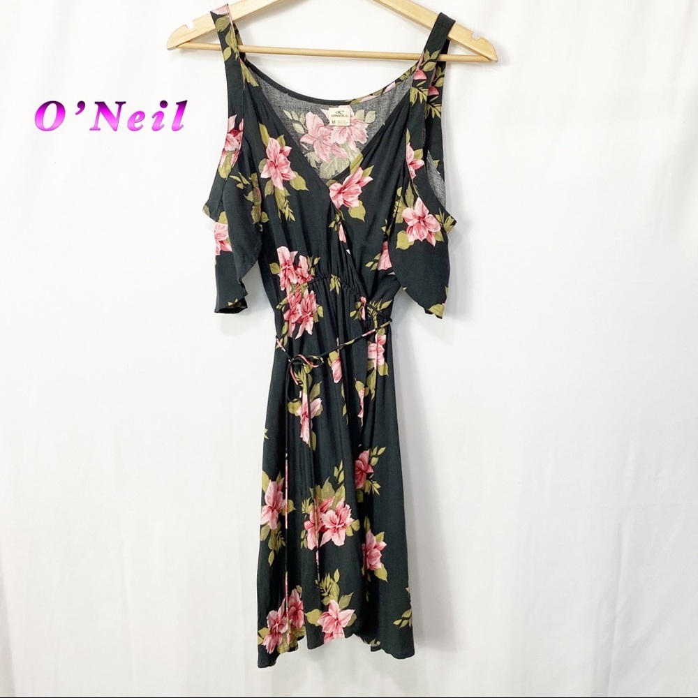 O'Neill Black Floral Cold-Shoulder Dress with Pink Flowers